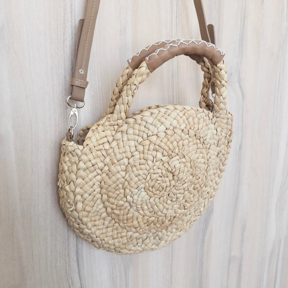 Round Woven Straw Floral Crossbody Bag OS Tan Daisy Embroidered Boho Beach